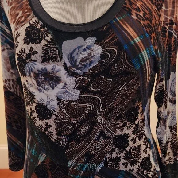 Pyramid multi print long sleeve with sheer on bottom a line dress - Picture 2 of 2